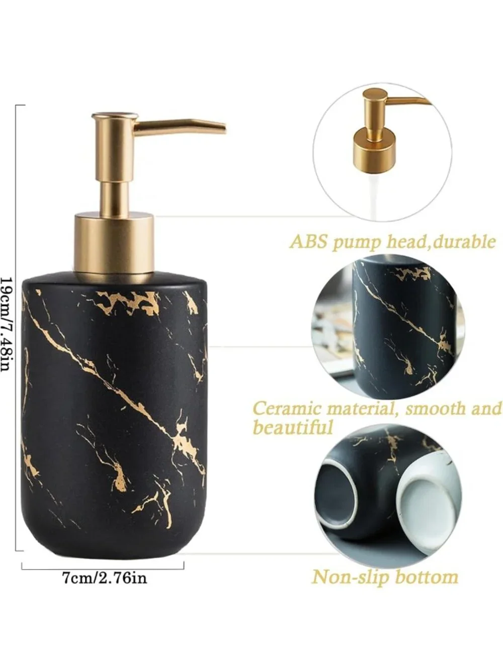 Luxurious Black and Gold Soap Dispenser, 300ml Ceramic Pump Bottle for Kitchen